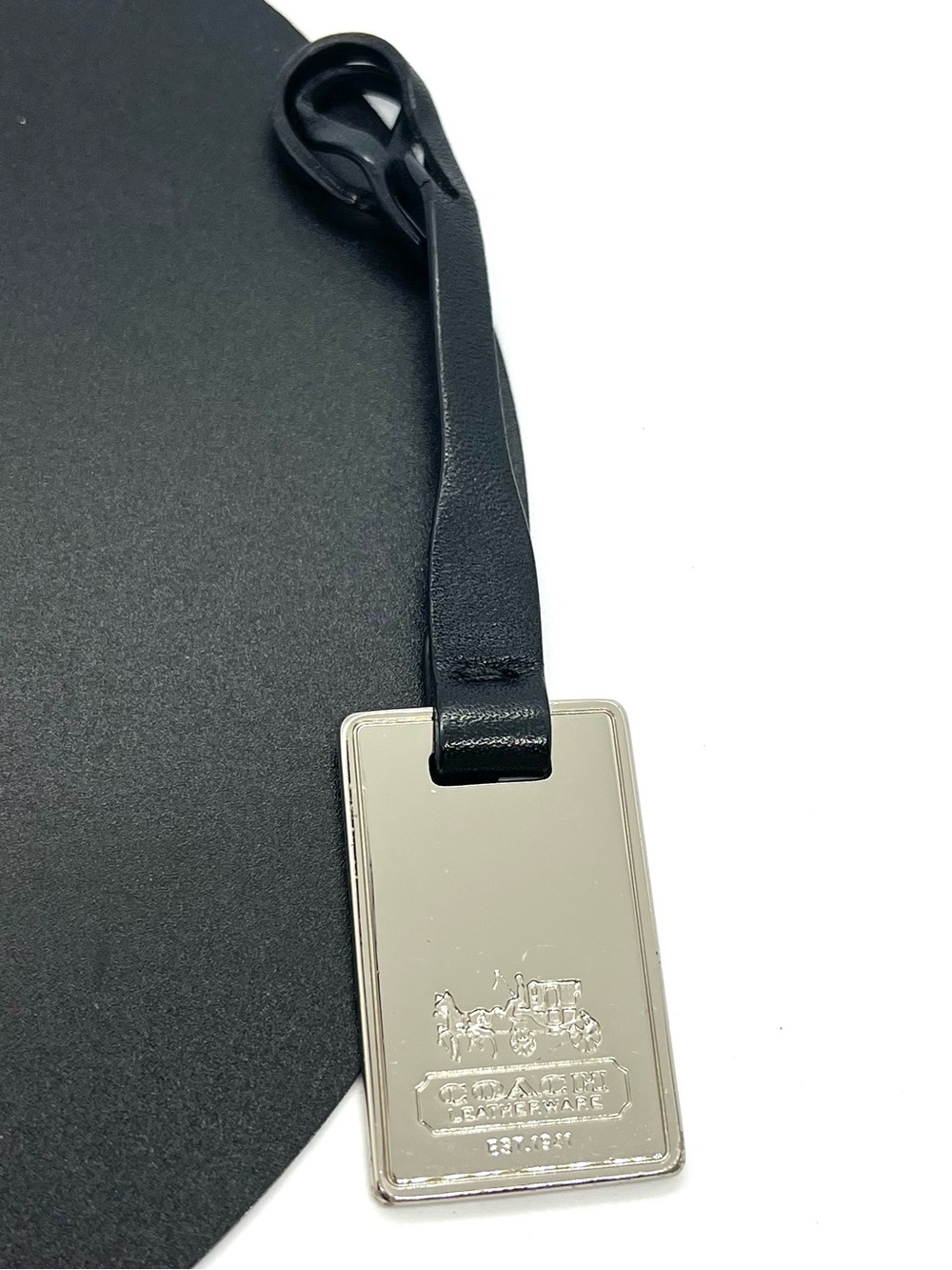 Coach Leatherware Metal Bag Hang Tag Silver Black Leather Key Fob Charm